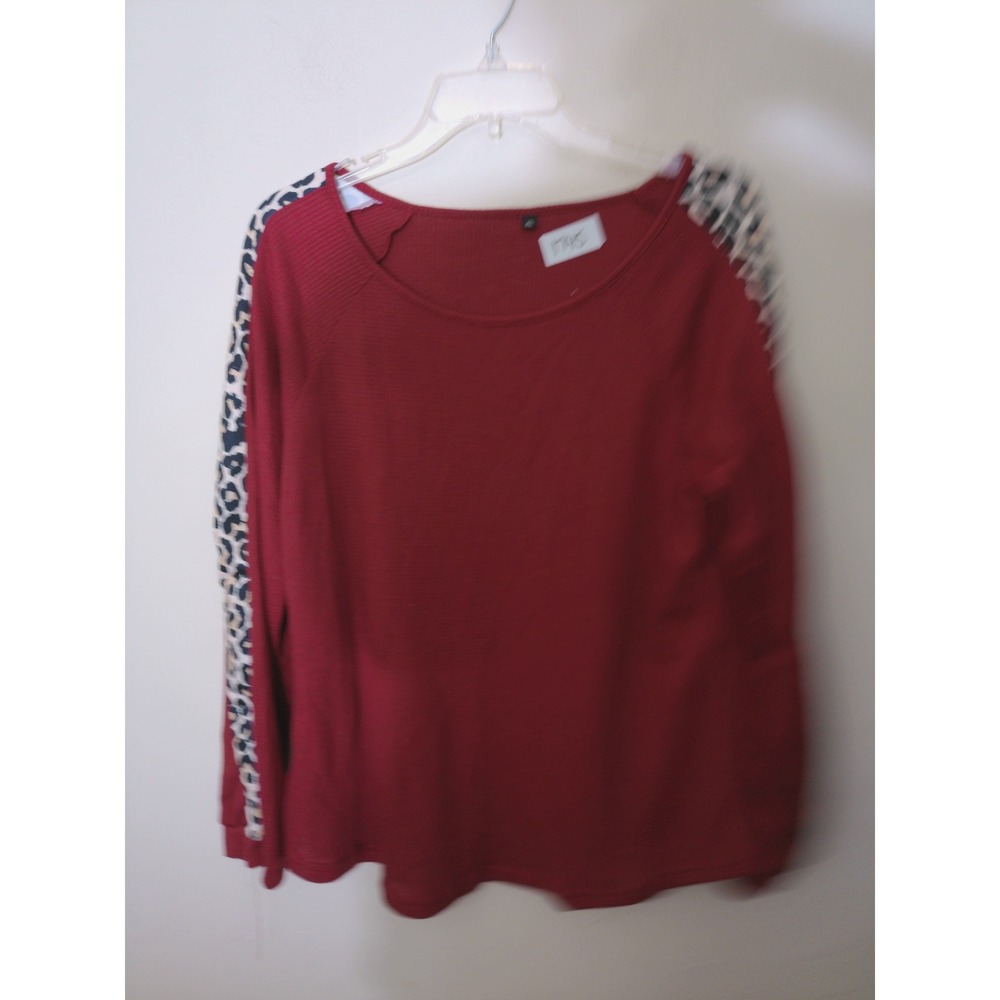 Unbranded Waffle Knit Top Women XL Burgundy Leopard Print Raglan Casual Cozy